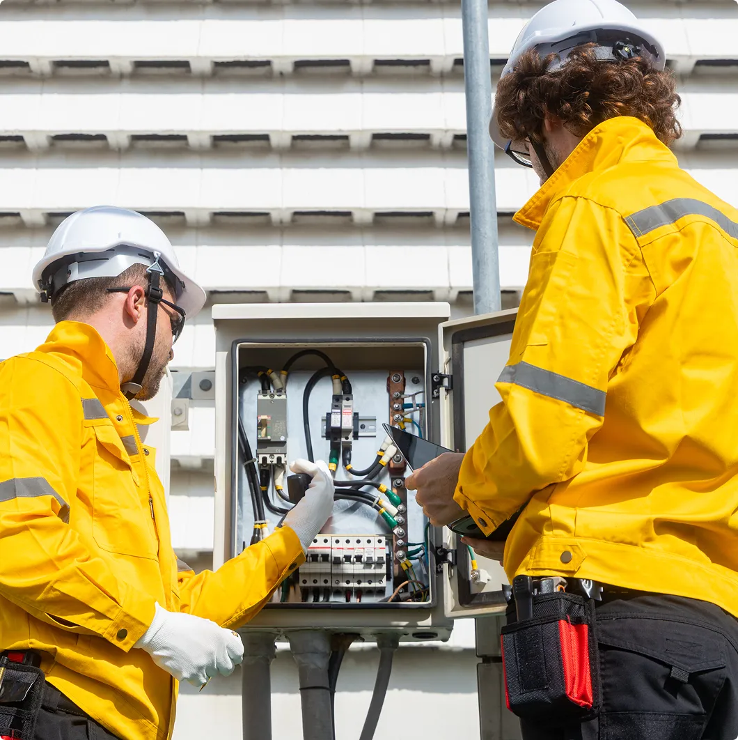 Two workers at an electrical panel