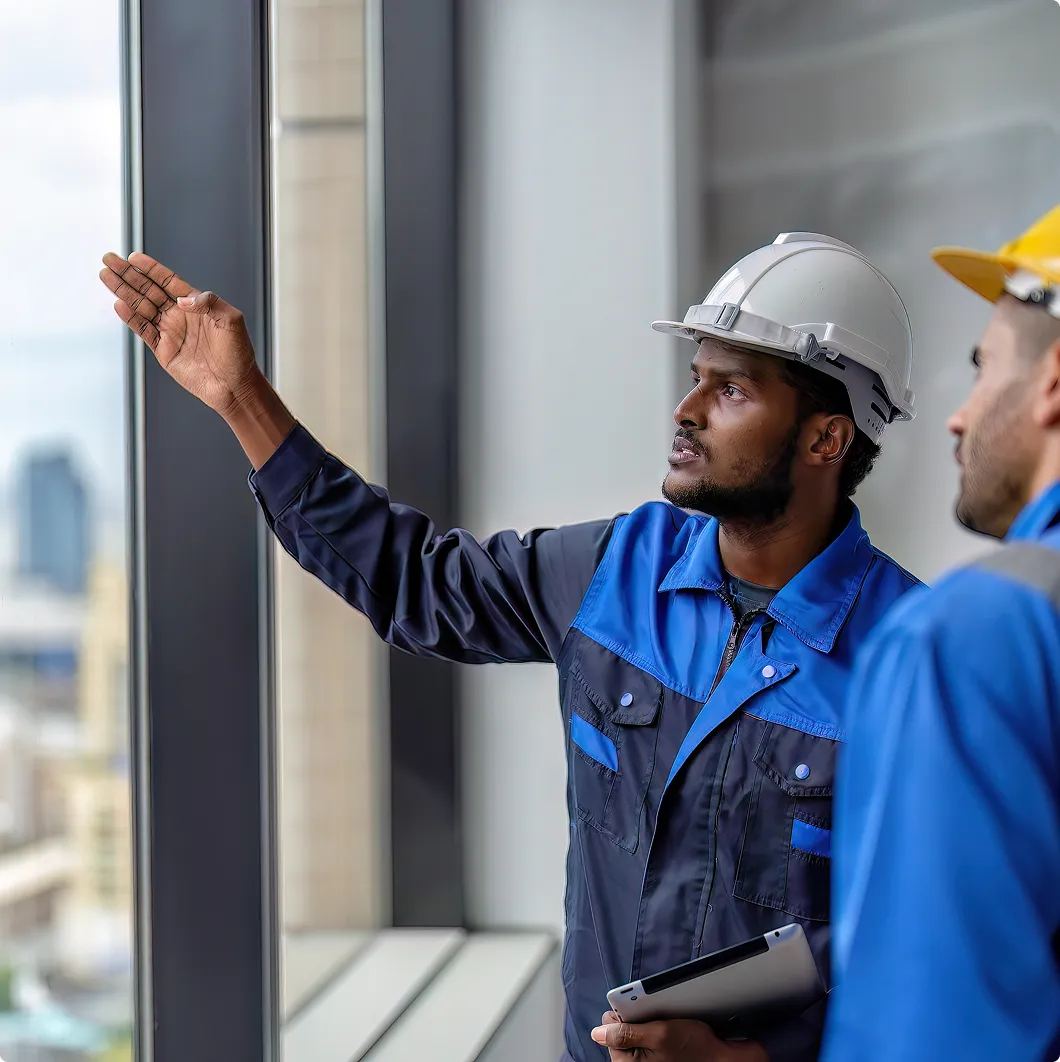 Engineer talking to workers by a building