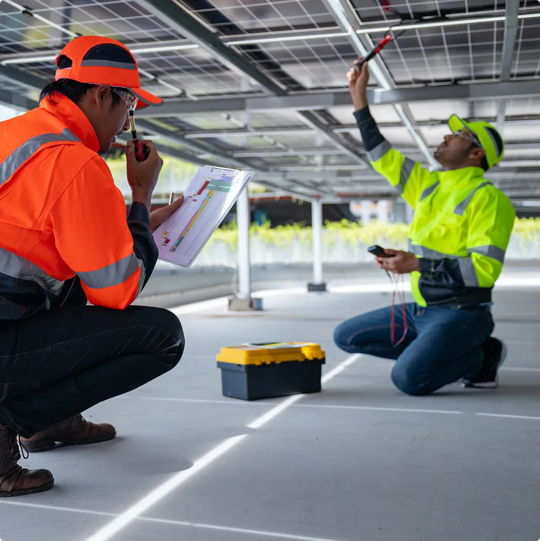Workers inspecting rooftop solar panels