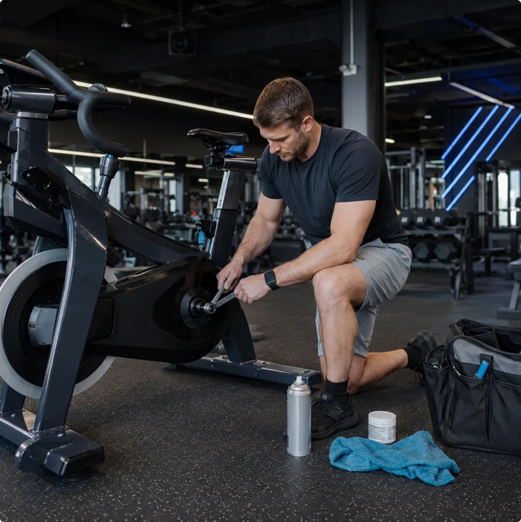 Technician servicing an exercise bike in a gym