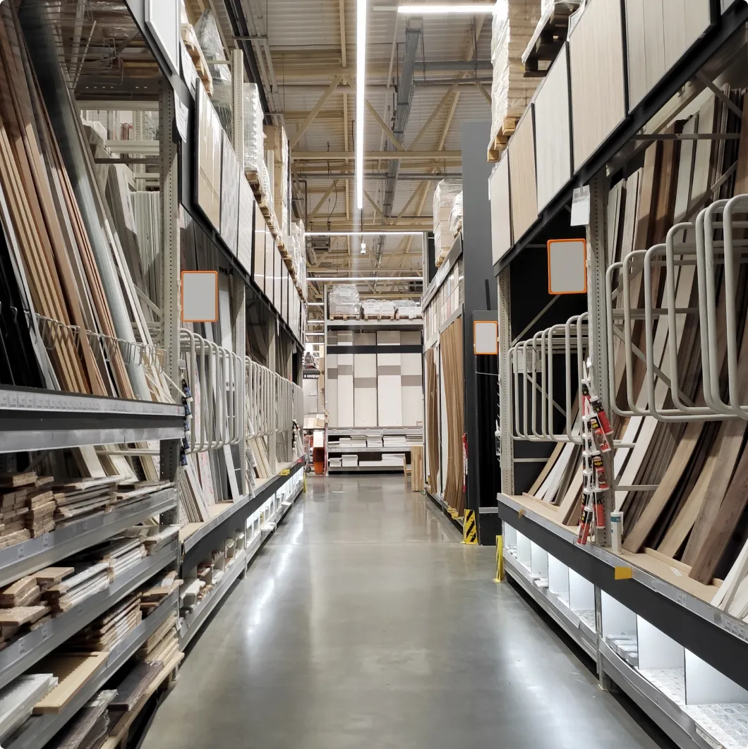 Timber and boards in a builders' merchant aisle