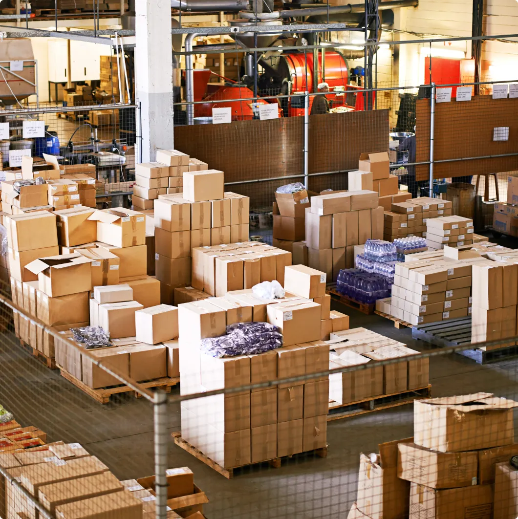Warehouse with boxes on shelves