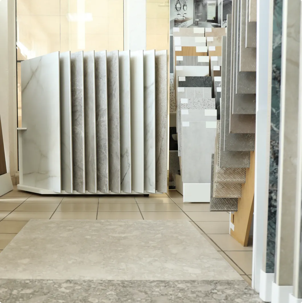 Tiles and worktop samples in a showroom
