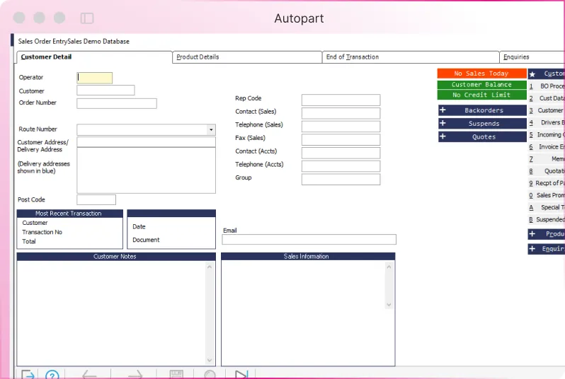 Screenshot of the Autopart order screen