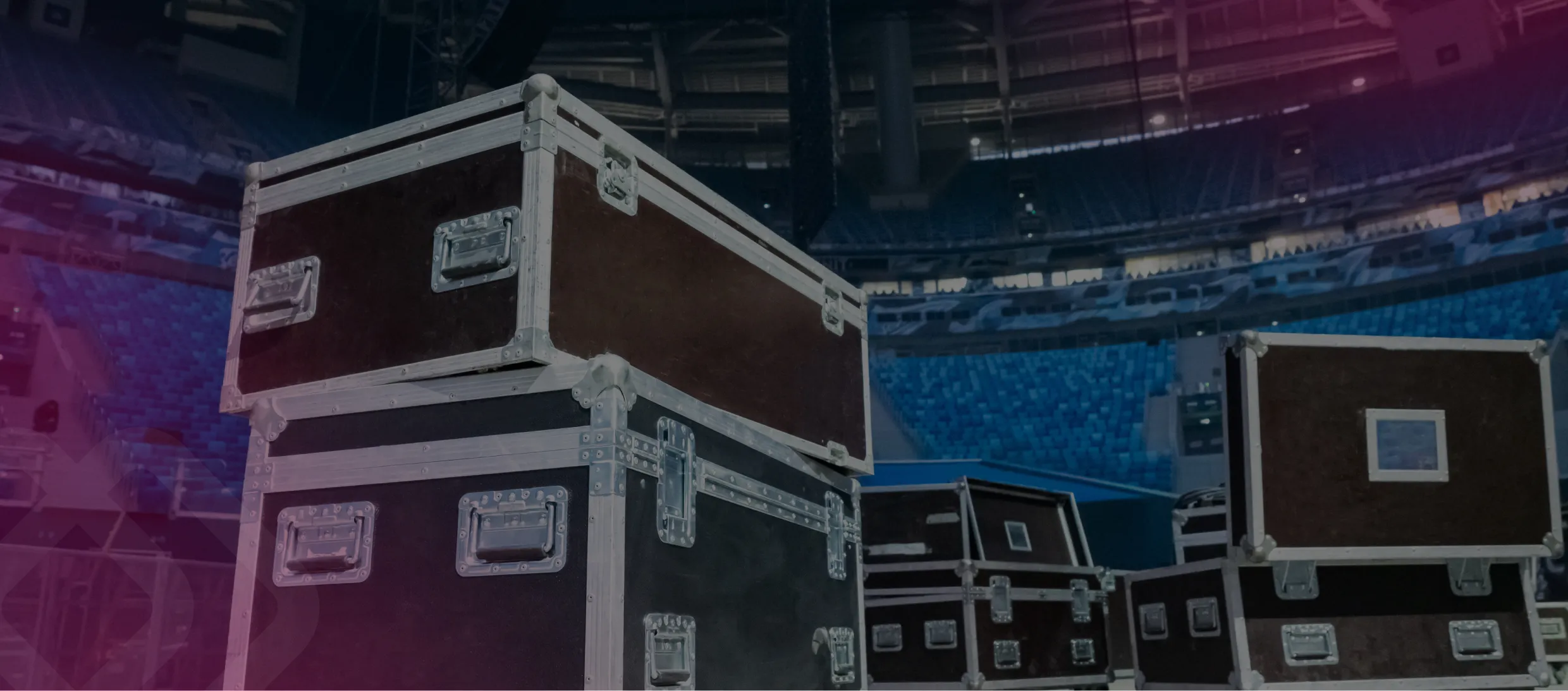 Flight cases of staging equipment at a venue