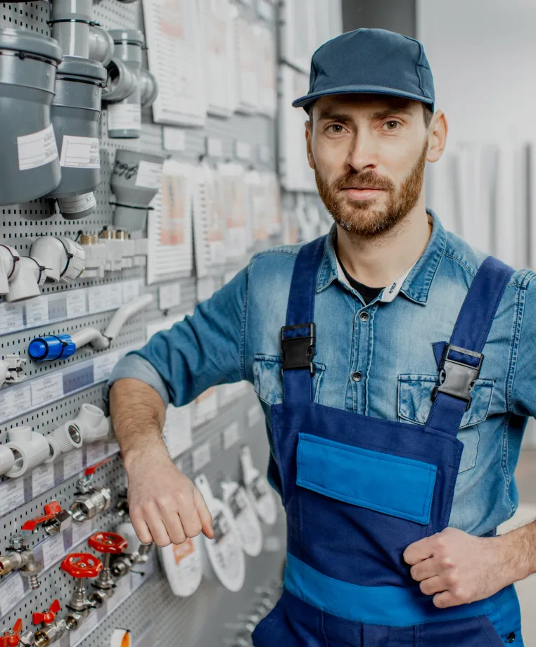 Worker by a plumbing display in a store