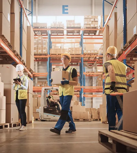Warehouse workers moving stock with a forklift