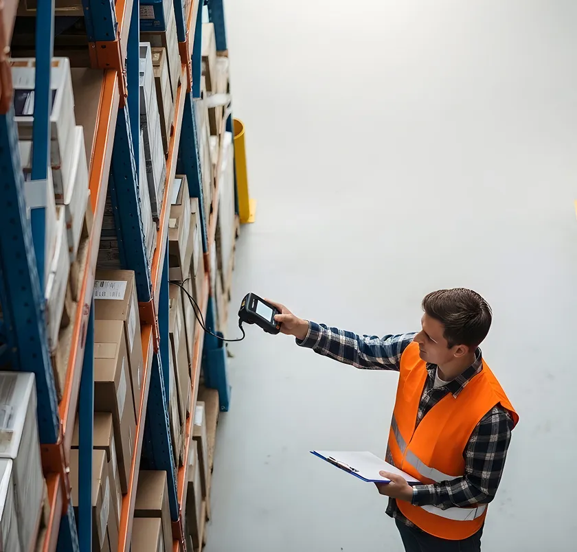 Worker in hi-vis scanning shelves in a warehouse