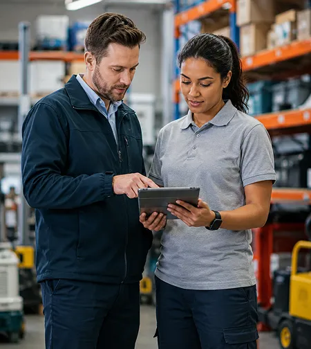 Two colleagues reviewing a tablet in a warehouse