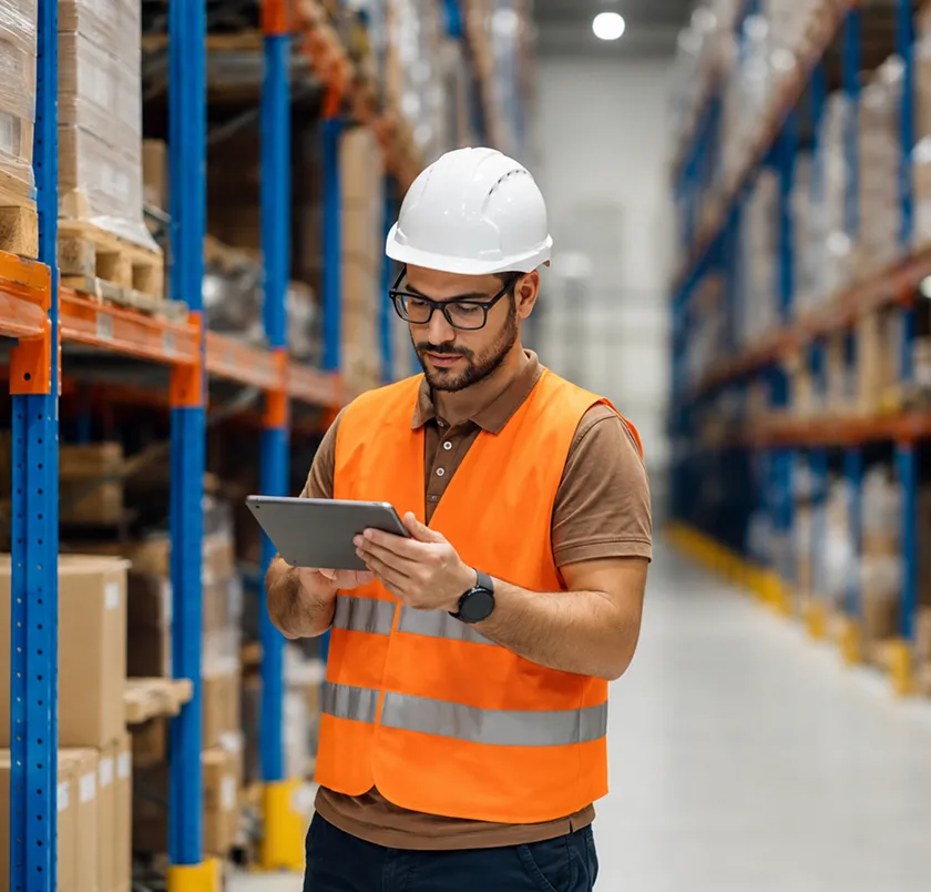 Worker in hi-vis using a tablet in a warehouse aisle