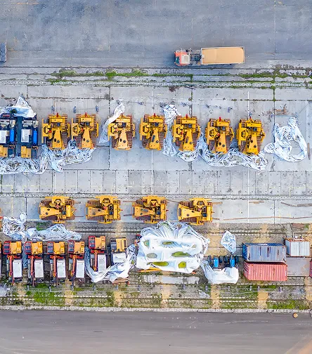 Overhead view of construction tools laid out on the ground