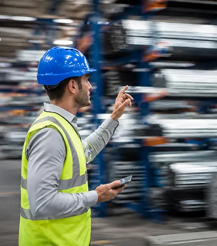Worker in hi-vis checking metal stock with a phone