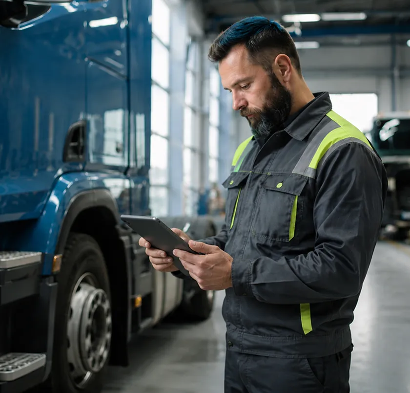 Driver using a tablet in front of a truck