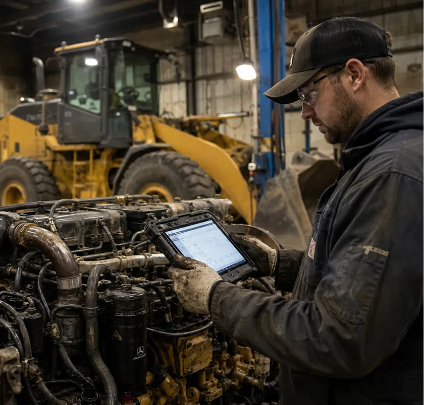 Mechanic using a tablet on a large engine beside a wheel loader