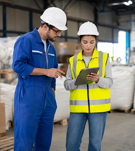 Two workers reviewing a tablet in a warehouse
