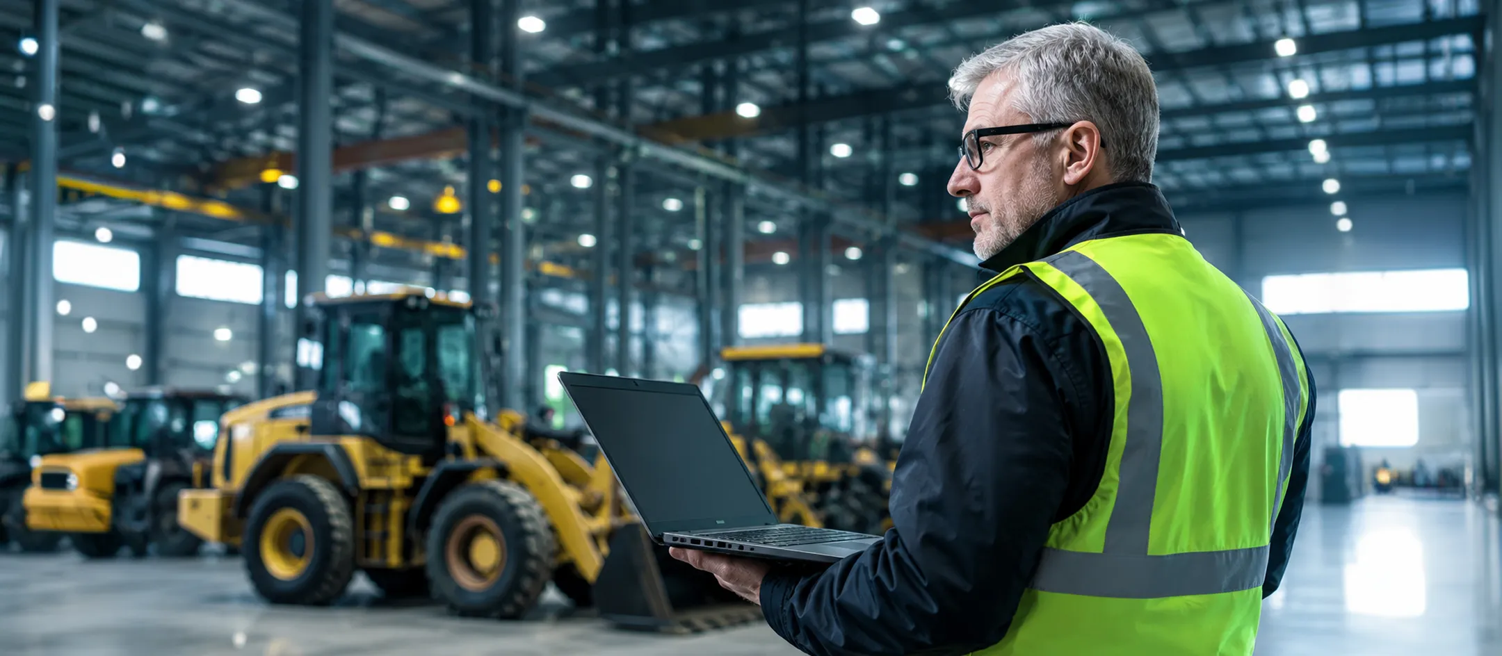 Worker in hi-vis using a laptop beside construction machinery