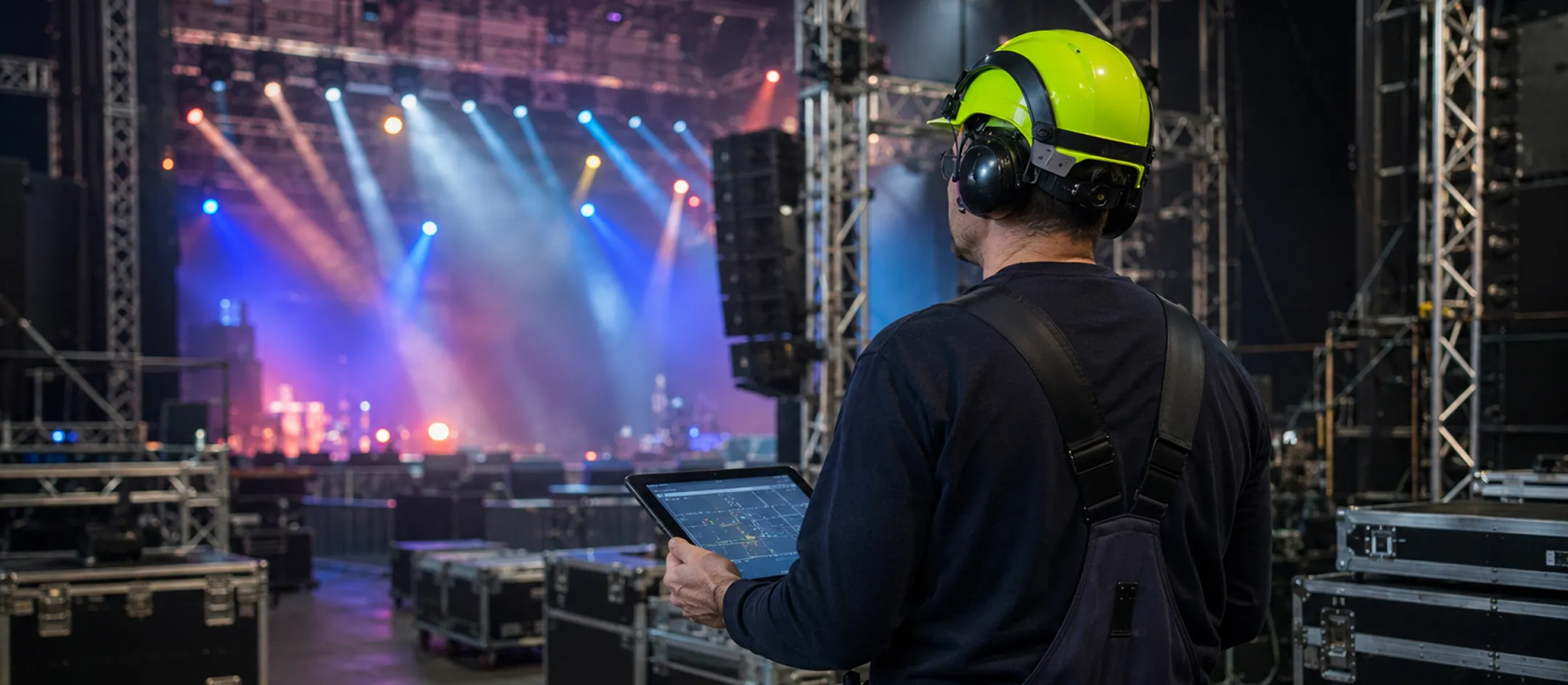 Technician using a laptop at a concert stage