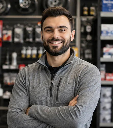 Smiling shopkeeper in an auto parts store