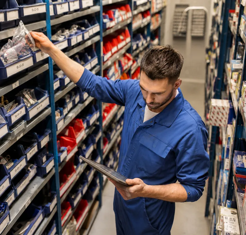 Worker checking parts on shelves with a tablet