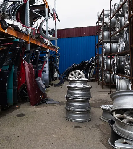 Alloy wheels and car parts in a salvage yard