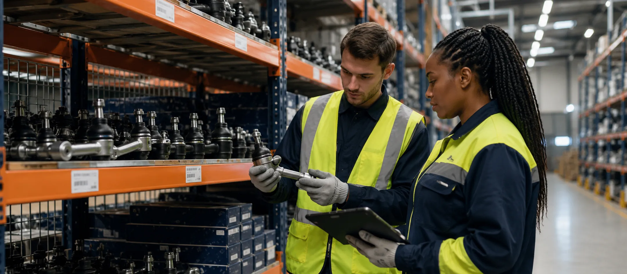 Two workers in hi-vis using a tablet in a parts warehouse