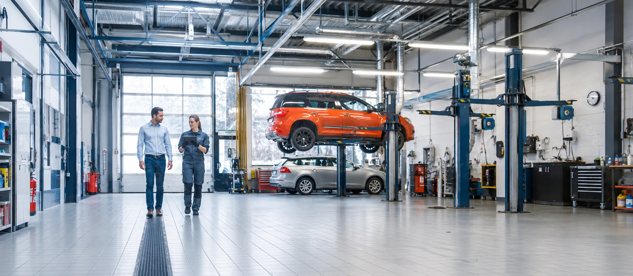 Two people in a car service workshop with vehicles on ramps