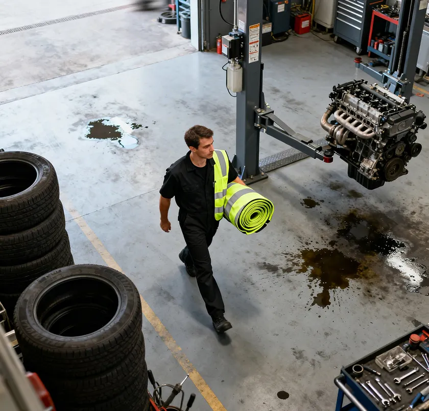 Mechanic carrying tyres in a workshop