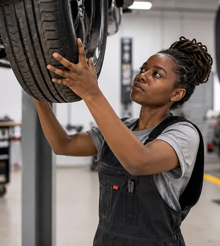 Mechanic inspecting a tyre on a raised car