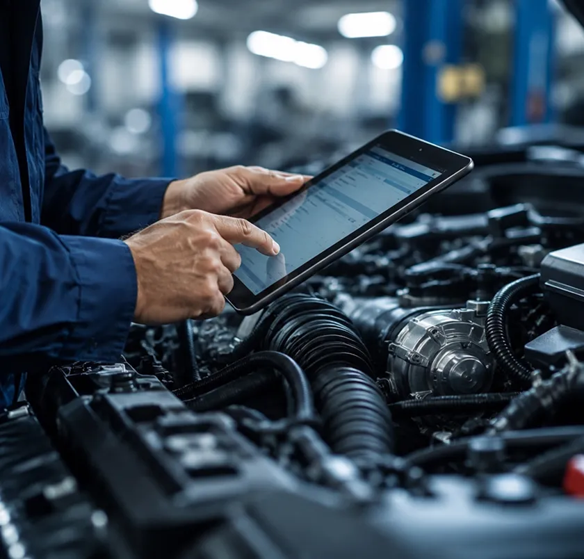 Hand using a tablet over a car engine