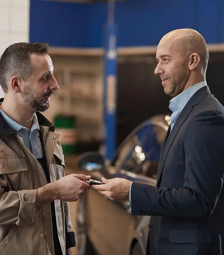 Mechanic handing car keys to a customer