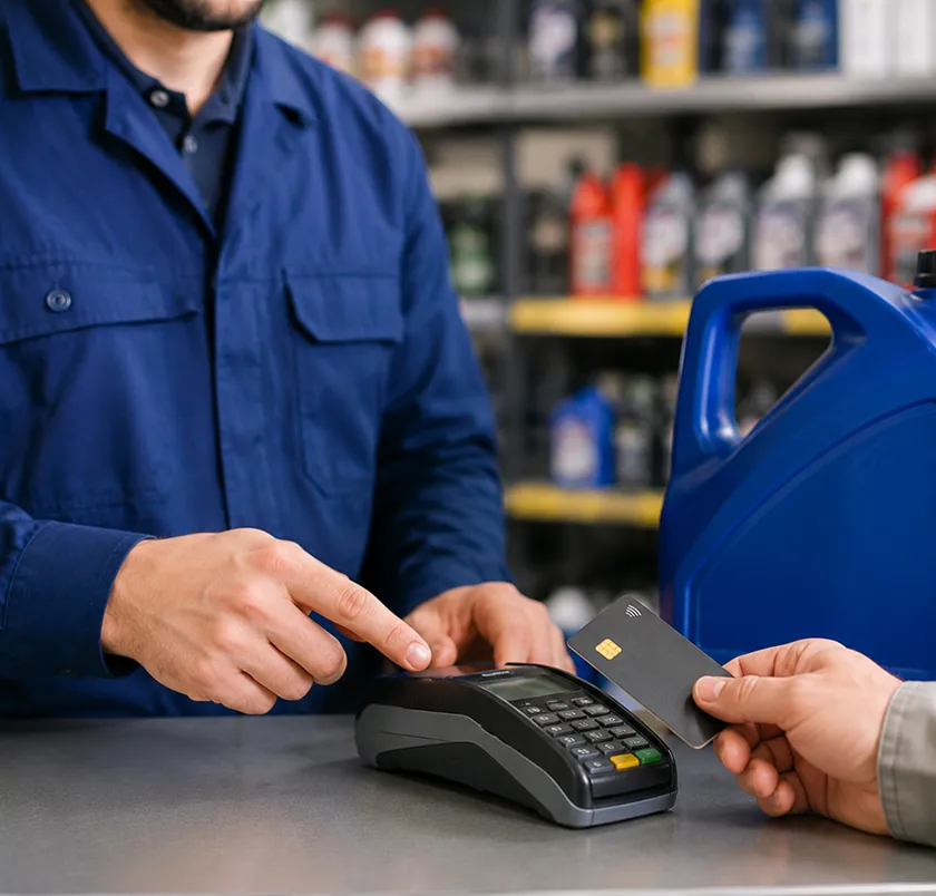 Customer paying on a card terminal at a parts counter