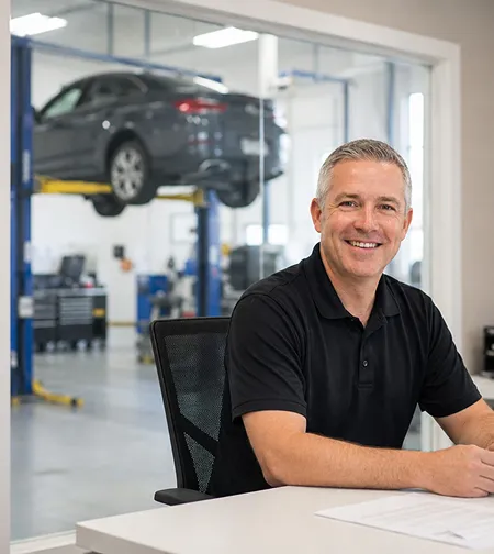 Service advisor smiling at a workshop reception desk