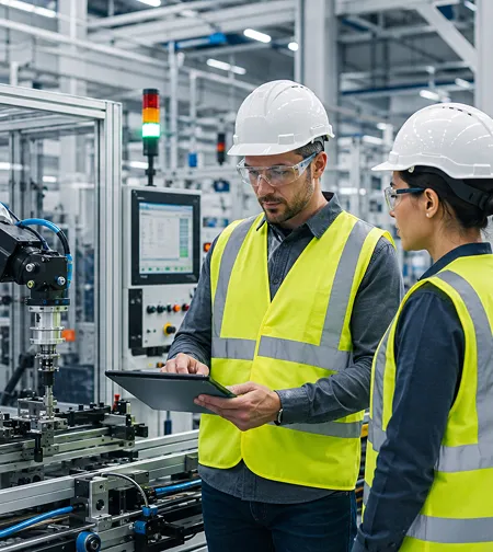 Two workers in hi-vis operating machinery with a laptop