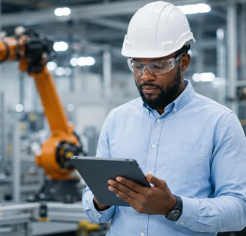 Engineer using a tablet beside a robotic arm