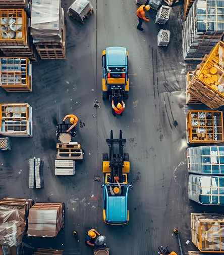 Aerial view of forklifts and pallets in a warehouse