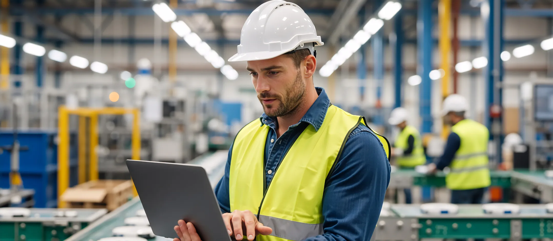 Worker in hi-vis using a laptop on a production line