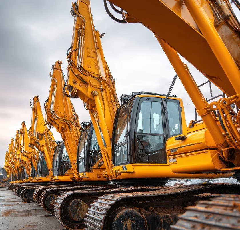 Row of yellow excavators lined up at a dealership