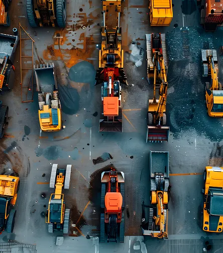Aerial view of construction vehicles on a site
