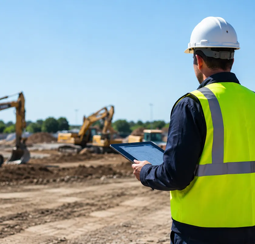 Worker in hi-vis using a tablet on a construction site