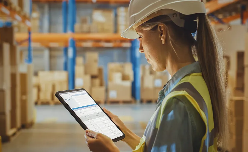 Woman in hi-vis using a tablet in a warehouse
