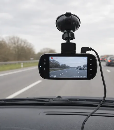 Dashcam mounted on a vehicle windscreen