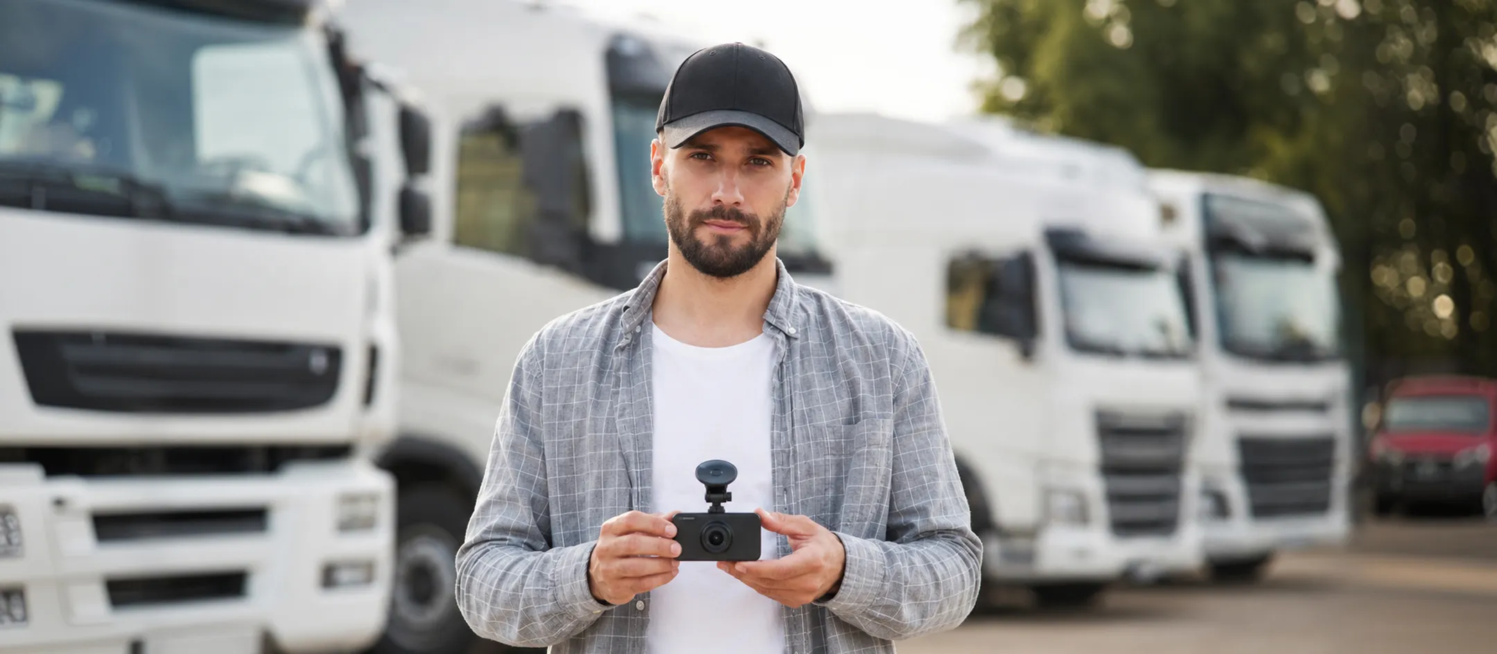Driver using a phone in front of a fleet of trucks