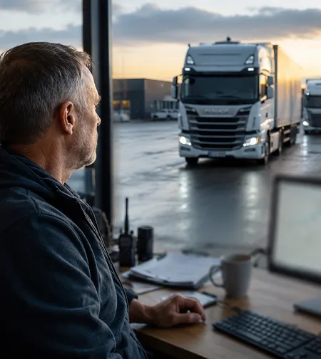 Transport planner at a desk with lorries on screen