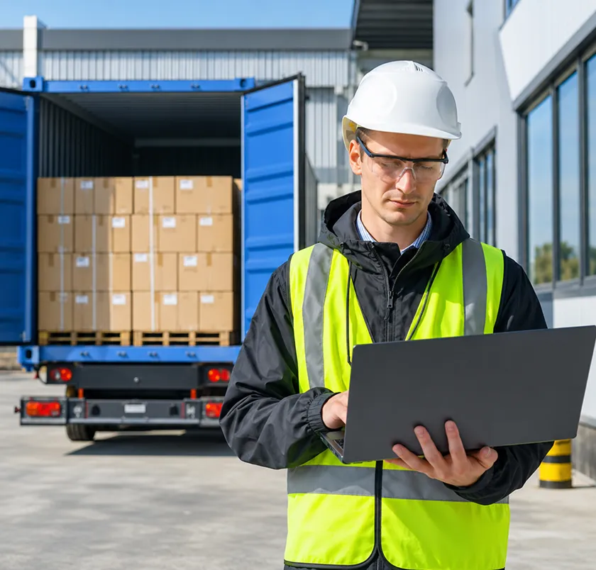 Worker using a laptop in front of a loaded truck