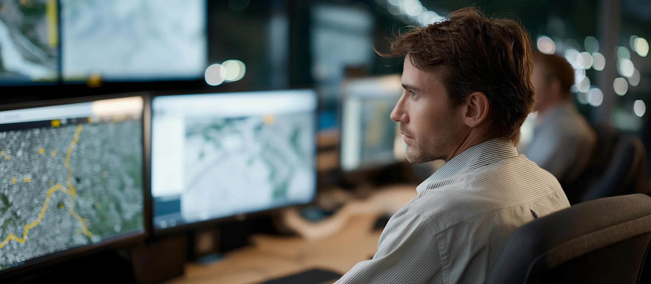 Operator monitoring maps on screens in a control room