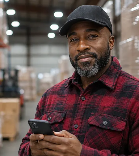 Man using a phone in a warehouse
