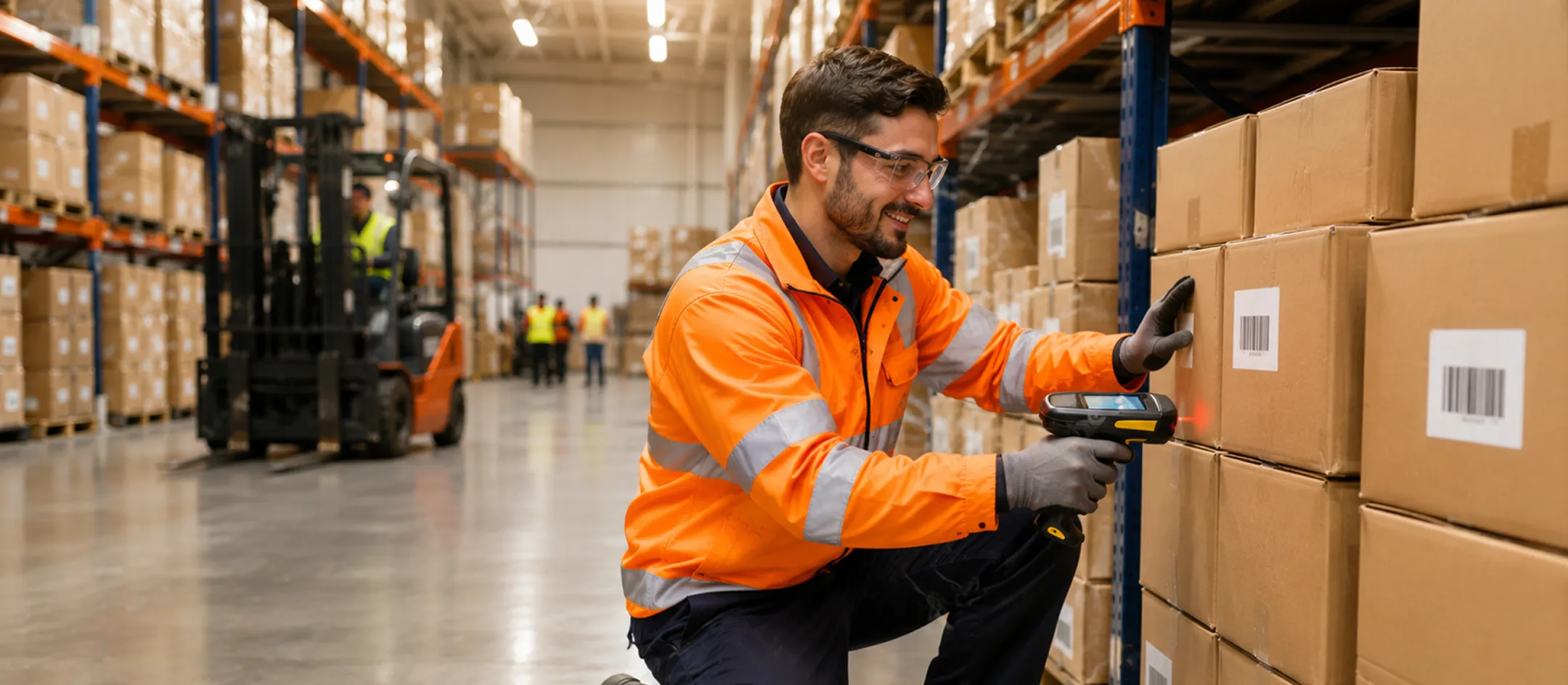 Worker in hi-vis scanning a box in a warehouse