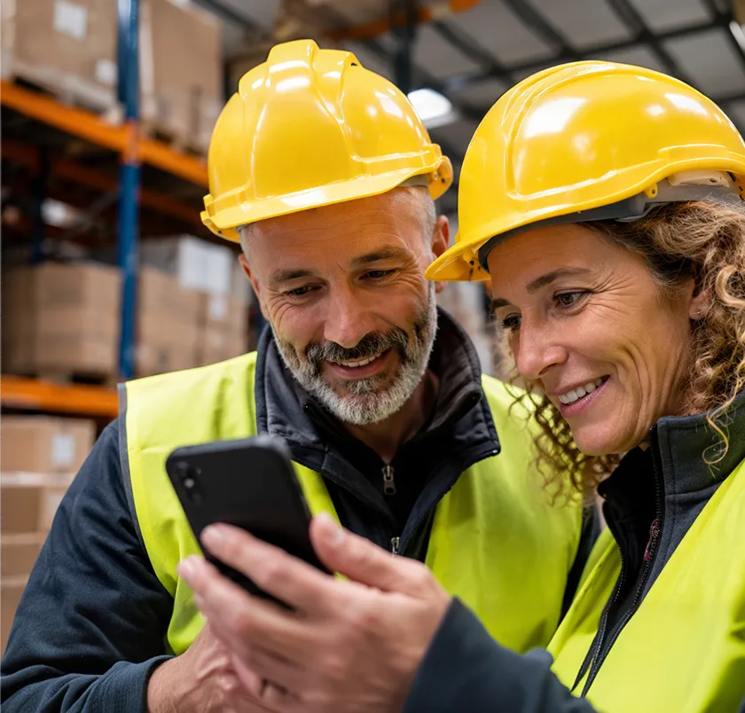 Two workers in hard hats looking at a phone