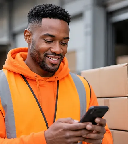 Smiling warehouse worker using a phone