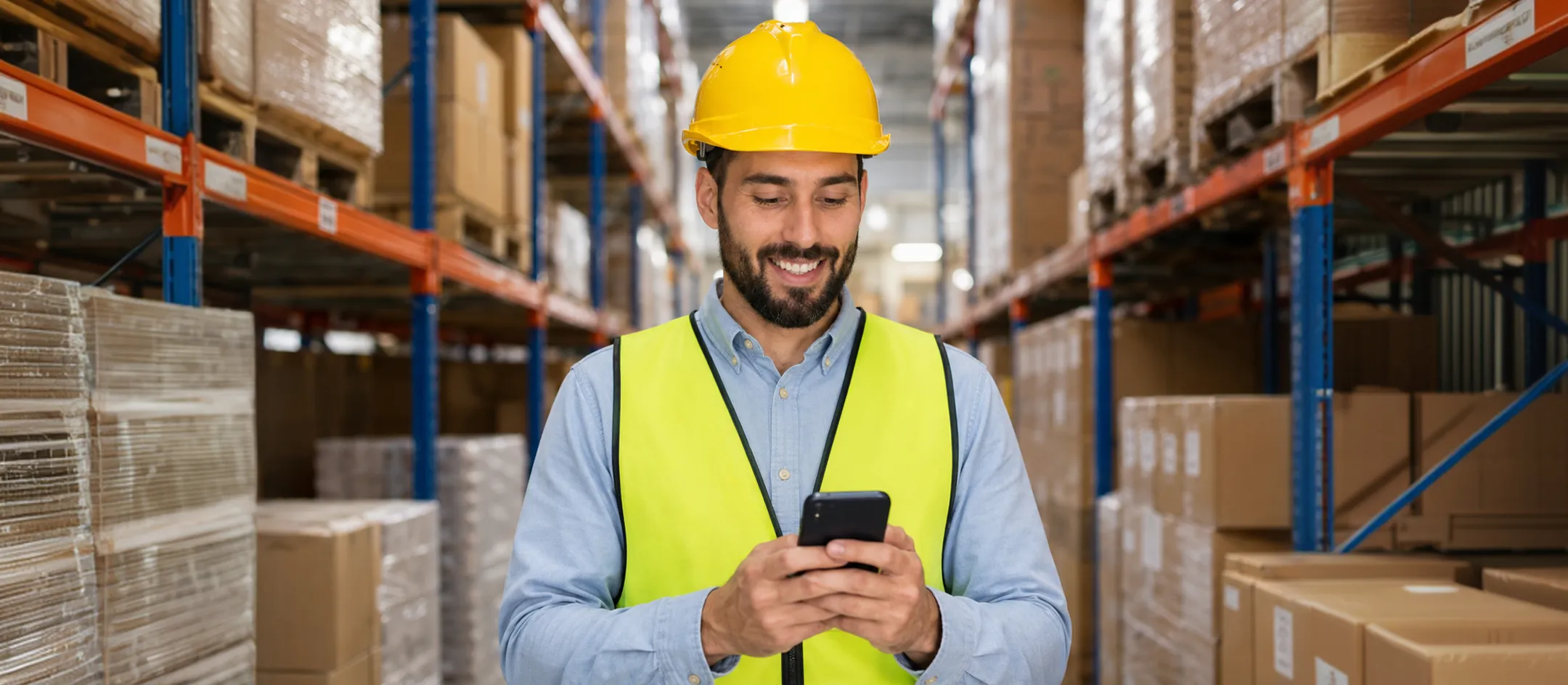 Worker in hi-vis using a phone in a warehouse
